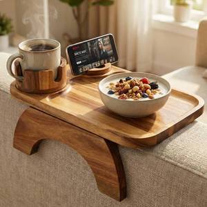 lot 13397 image: Couch Armrest Table, Acacia Wood Sofa Arm Tray with 360° Rotating Phone & Cup Holder, Clip-On Arm Rest Table for Couch, Anti-Slip Armrest Tray for Snacks & Drinks, 15.4 x 9.8