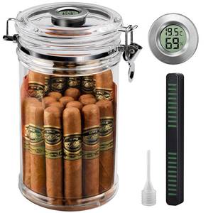 lot 13404 image: XIFEI Acrylic Humidor Jar with Digital Hygrometer, Tall Design Storage Case Fits Long Cigar, Humidifier & Spanish Cedar Wood Veneer, Portable Travel Humidor for 15-20 Cigars