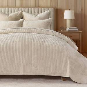lot 13428 image: EverGrace Striped Channel Velvet Quilt Set, Queen Size, Light Sand