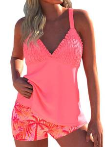 lot 14183 image: ROSEWE Womens Tankini Bathing Suits Smocked Solid Swimsuits with Shorts XXL