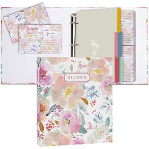 lot 14192 image: Hiwhy Recipe 3 Ring Binder 8.5x9.5, Full Page 3 Ring Recipe Binder Organizer Set with 25 Slot Pages & 50 Recipe Cards & 6 Divider Pages, Recipe Book for Make Your Own Recipe Sleek Kitchen Watercolor