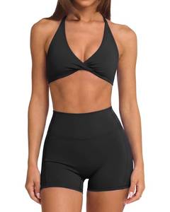 lot 14232 image: SUUKSESS Women Padded 2 Piece Workout Sets Twist V Neck Sports Bra Hidden Scrunch Biker Shorts (Black, XS)