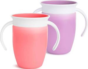 lot 14237 image: Munchkin Miracle 360 Sippy Cup for 6 Month Old, Spill Proof Baby and Toddler Cups with Transition Handles, 7 Ounce, 2 Pack, PinkPurple