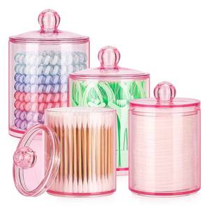 lot 14249 image: Tbestmax 12 oz & 10 oz Qtip Holder - 4 Pack Restroom Bathroom Organizers and Storage Containers, Pink Plastic Apothecary Jars with Lids for Cotton Swab, Cotton Round Pads, Floss