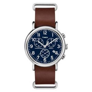 lot 14284 image: Timex Weekender Chrono Quartz Analog Watch with Leather Strap, BrownSilverBlue, 40 mm (Model TW2R63200)