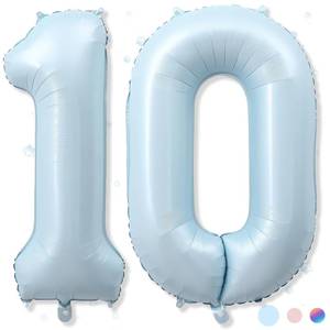 lot 14295 image: 40 Inch 10 Balloon Number, Large Pastel Matte Baby Blue Foil Number 10 Balloons Birthday Party Decor, Light Powder Blue Helium Mylar Self Inflating Balloon for Boy 10th Birthday Anniversary Decoration