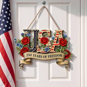 lot 14298 image: Novabright Wooden 250th Anniversary USA Front Door Sign 4th of July 250 Years of Freedom Wreath Patriotic Independence Day Door Hanger for Home Porch Outdoor Decor