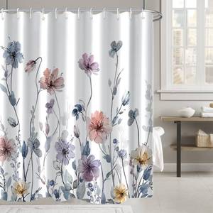 lot 14301 image: Flower Shower Curtain, Wildflower Shower Curtain Floral with Hooks, 72x72