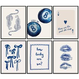 lot 14306 image: Trendy Navy Wall Art Cheetah Poster Wall Decor Funky Lucky 8 Ball Prints Trendy Preppy Aesthetic Painting Blue Bow Preppy Girly Pictures Decoration for Girls Room Dorm Apartment 8x10 Unframed, 6 Pcs