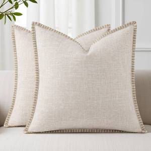 lot 14335 image: decorUhome Beige Faux Linen Outdoor Throw Pillow Covers 16x16 Set of 2