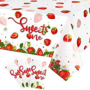 lot 14342 image: Tiamon 3 Pcs 108 x 54 in Strawberry Party Tablecloth Sweet One Birthday Table Cover Berry First Birthday Decorations Strawberry Themed Party Decorations for Girls Baby Shower
