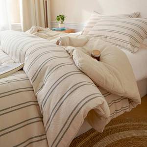 lot 19660 image: Cyusri Cotton Stripe Twin Comforter Set - Soft Lightweight Bedding 2 Pieces Dyed Bed Set with 1 Pillow Shams,Reversible All Season Farmhouse Down Alternative(Twin Size 68x90 Beige)