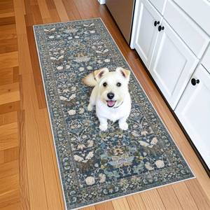 lot 19671 image: Washable Vintage 2x6 Bathroom Rugs Soft Carpet with Non-Slip Backing for Hallway Entryway Kitchen Stain-Resistant Bedroom Floor Mat �� Gifts for NewlywedsHousehold Home Decor (2x6,FloralBlue)