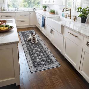 lot 19675 image: Hallway 2x5 Washable Runner Rug Oriental Stain Resistant Kitchen Entryway Rugs Farmhouse Ultra Soft Bathroom Bedroom Print Floor Mat Thin Non Slip Indoor Carpet for Living Room Laudry(2X5,Black)