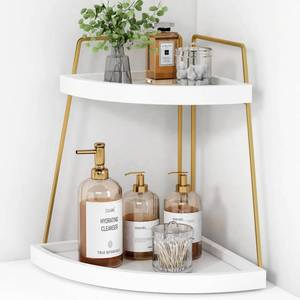 lot 19680 image: Forbena Corner Bathroom Counter Organizer, 2 Tier Bathroom Organizer Countertop, Small Bathroom Sink Top Trays Corner Shelf Stand for Makeup Vanity Perfume Skincare Decor Storage (White and Gold)