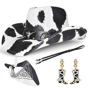lot 20028 image: Cow Pattern Straw Cowboy Hat Western with Earring and Bandana, Hat Size Fits 22.04 to 22.83, Wide Brim, Stylish & Durable Cowboy Hat - Unisex Western Hat for All Occasions (HAT ONLY)