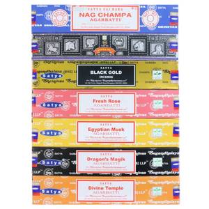 lot 20044 image: Satya Incense Sticks Gift Set, 7 Scents, Nag Champa, Super Hit, Dragons Blood, Sandalwood, Patchouli, Lavender, Positive Vibes, 15g Each (Healing Mix)