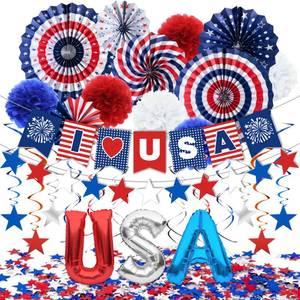 lot 20393 image: DMIGHT 4th of July Decorations, 33PCS Patriotic Memorial Day Decorations Set with Banner, USA Balloons, Paper Fans, Star Streamer, Hanging Swirls, Paper Pom Poms for Fourth of July Red White and Blue