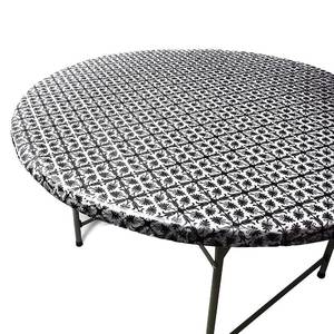 lot 20422 image: TopTableCloth Fits Tables up to 43 to 48 Inch Fitted Round Tablecloth Elastic Black Patterned Plastic Vinyl Flannel Backed Party Dining Wedding Outdoor Bar Table Cover Cloth Elasticated Christmas