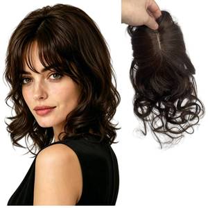 lot 20428 image: AYunhe Short Curly Wavy Human Hair Toppers for Women and Men Clip In Toupee With Side Bangs Hair Partial Wig Wiglets Hairpieces (Dark Brown, 14inch, Mid Parting)