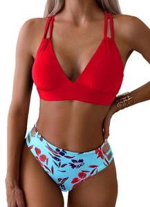 lot 20460 image: Tainehs Womens Push Up V Neck Bikini Sets Criss Cross Back Two Piece Bathing Suit Red Floral Small