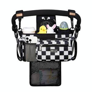 lot 20462 image: TOPDesign Universal Baby Stroller Organizer, Stroller Caddy with Detachable Mesh Bag & Heightened Insulated Cup Holders & Non-Slip Secure Hooks Accessories, Fits Most Strollers (Checkerboard)