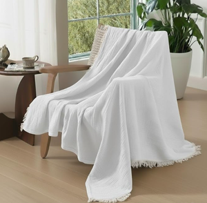 lot 12088 image: White Waffle Weave Muslin Blanket with Fringe Trim - Stock image may not match actual product images
