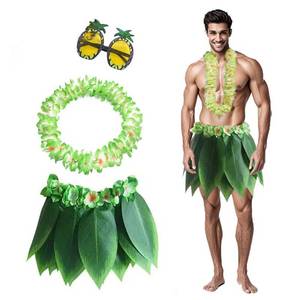 lot 1374 image: BLUE GARLIC Hawaiian Hula Skirt Leaf Grass Skirt with Leis Set Glasses Hairclip accessories  luau Outfits for men  Adult Plus Size