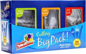 lot 1376 image: Party Dimensions 300 Count Plastic Cutlery Combo Box, Disposable Clear Plastic Silverware Utensils Set, 100 Forks, 100 Spoons, 100 Knives