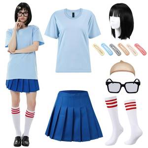 lot 1398 image: Mepase 7 Pcs Halloween Nerd Costume for Women Includes Black Bob Wigs Blue Top Short Skirts Glasses Socks Hair Clips(X-Large)