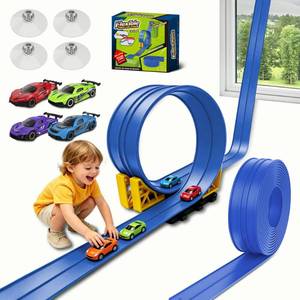 lot 1417 image: Flex Race Track 16 Ft with Suction Cups Compatible with Diecast 164th Cars, Flexible Car Track Toys for Ages 3 Kids Toddlers Roll Out Portable Racetrack (Blue)