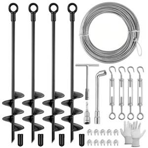 lot 1420 image: Fabulas 4 Pack 18 Ground Anchors Shed Anchor Kit with 50ft Galvanized Cable & 4 Pack Turnbuckles, Heavy Duty Ground Anchor Screw in Spiral Auger Earth Stakes for Shed Trampoline Swing Set Mobile Home
