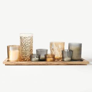 lot 1421 image: Rustic Wooden Tray with 8 Brown Glass Votive Candle Holders