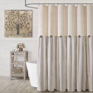 lot 1433 image: Farmhouse Shower Curtain Linen Beige Button Brown Stripe 72W x 84L