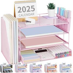 lot 1442 image: OPNICE Desk Organizer, 4-Tier Desktop File Organizer with Drawer and Pen Holders, Office Desk Accessories, File Sorters, Workspace Organizers for Office Supplies(Pink)