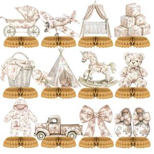 lot 2018 image: Seenelling 12 Pcs Neutral Toile Baby Shower Decor De Jouy French Honeycomb Centerpieces Decorations Vintage Watercolor Floral Chinoiserie Table Centerpieces Decor for Baby Shower Birthday Party