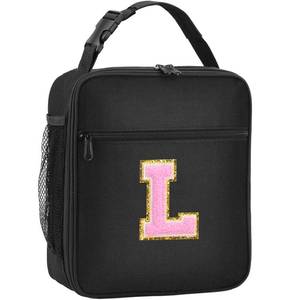 lot 2021 image: Initial Insulated Lunch Bag, Lunch Box with Initial Letter Patch for Teen Adult, Reusable Lunch Bag for Men Women, Ideal Back to School Gift Birthday Gift, Pink L