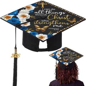 lot 2042 image: Dunzoom Christian Graduation Cap with 2026 Year Tassel Charm 9.5 x 9.5 Religious Grad Hat with Printed Inspirational Bible(I Can Do All Things)