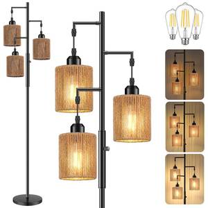 lot 2046 image: Hotsonic 72 Boho Rattan Tree Floor Lamp, Tall Dimmable Industrial Standing Lamp, Corner Decor Accent Lighting for Living Room, Bedroom, Dining Room, Nursery, Cafe (3 x 800LM Bulbs Included) - Black