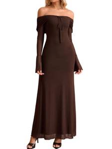 lot 2048 image: KUTUMAI Elegant Off Shoulder Long Sleeve Maxi Dress Bodycon Tie Formal Wedding Guest Dresses for Women 2025 Fall Brown M