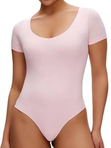 lot 2051 image: NANJI Short Sleeve Bodysuit for Women - Slim Fit Scoop Neck Body Suit, Stretch Double Lined Tops, Casual Going Out Outfits (S, Pink)