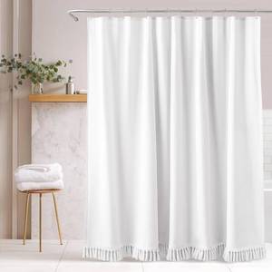 lot 2058 image: Linen Shower Curtain Boho White Shower Curtain with Tassels 72W x 84L