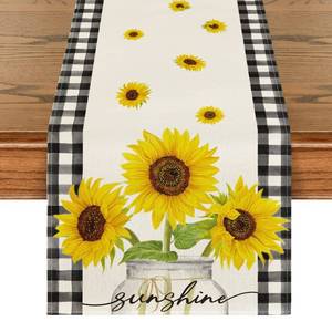 lot 2121 image: Artoid Mode Buffalo Plaid Sunflower Vase Sunshine Summer Table Runner, Spring Kitchen Dining Table Decoration for Home Party Decor 13x72 Inch