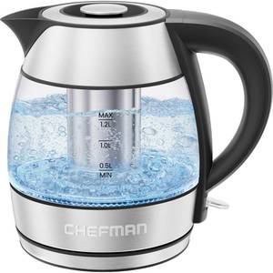 lot 3890 image: CHEFMAN Electric Kettle - 1.2L 1500W Hot Water Tea Pot with Infuser, BPA Free, Auto Shut Off, Boil-Dry Protection, Removable Lid, LED Light, Cordless Glass Electric Tea Kettle �� Stainless Steel