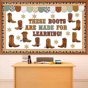 lot 4235 image: Western Cowboy Bulletin Board Decoration Set Wild Western Cowboy Boot Paper Cutouts These Boots are Made for Learning Brown Bulletin Board Border Set for Back to School Chalkboard Wall Decor Supply