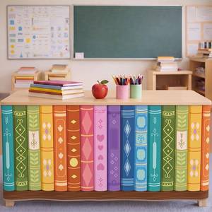 lot 4249 image: Fanfanwin 6 ft Rainbow Table Skirt for Teacher Colorful Bookshelf Desk Skirt Skirts for Classroom Rectangular Tablecloth for Back to School Decor Office Bookcase Cabinet Supplies