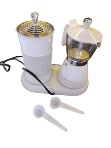 lot 5934 image: Oil and Vinegar Dispenser Set with Measuring Spoons White Gold Trim used as is
