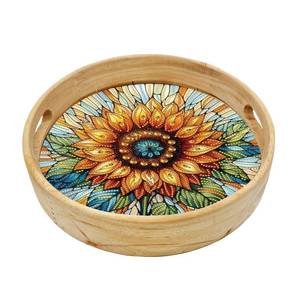 lot 5967 image: DIY Diamond Serving Tray Round Handmade Diamond Art Painting Wooden Breakfast Tray with Handles Dinner Plate for Coffee Living Room Home Organizer Diameter 25.5cm-sunflower03