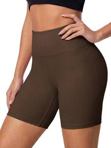 lot 6300 image: Aoysky Womens High Waisted Ribbed Knit Biker Shorts 5 Tummy Control Squat Proof Workout Shorts for Yoga Running Gym Brown size l