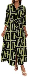 lot 6314 image: Boho Chic Womens Geometric Print Maxi Dress with Split Hem, Shirt Collar & 34 Sleeves -3 X-Large
